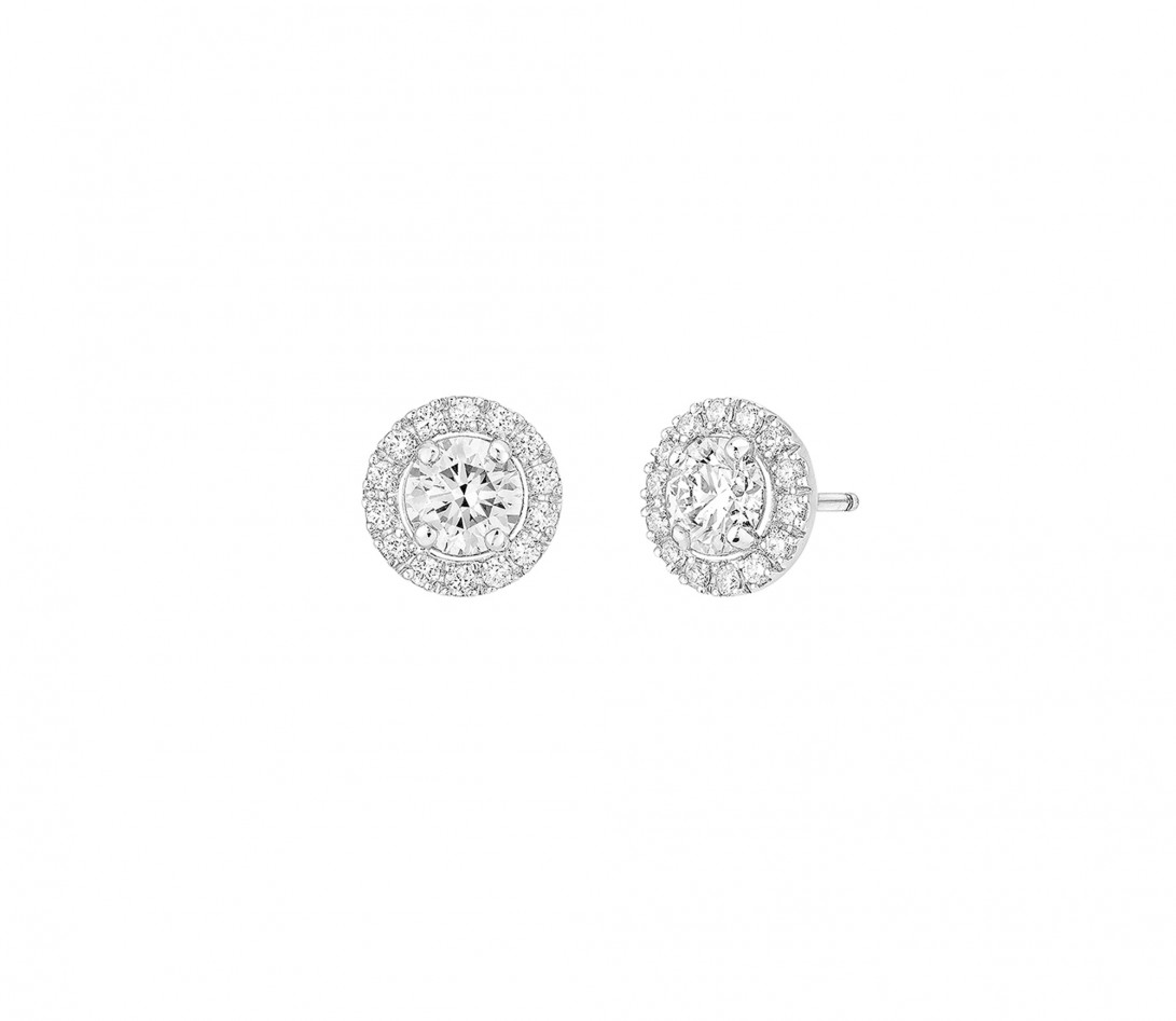 Boucles d'oreilles puces Halo en or blanc et diamants de synthèse 2ct