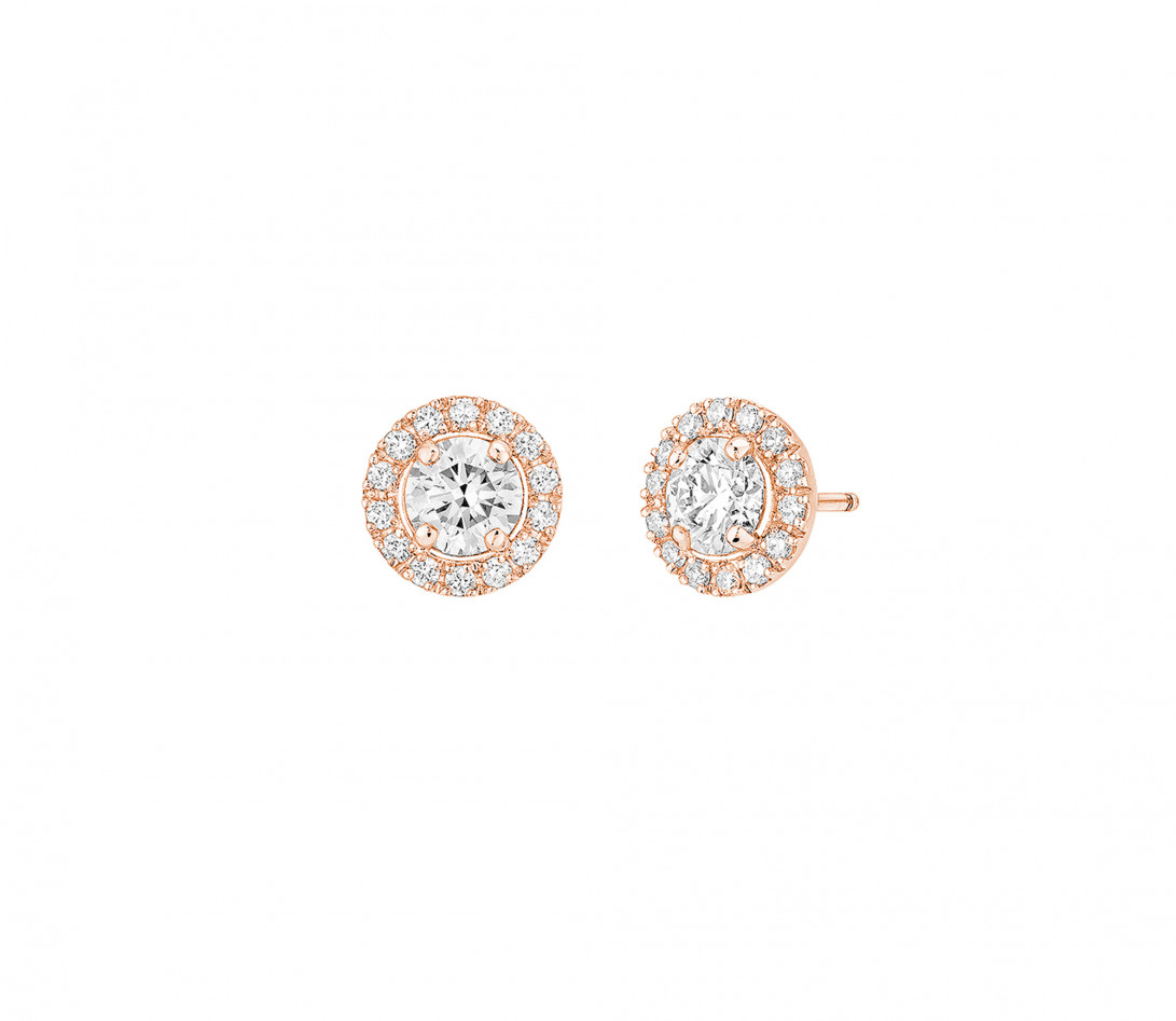 Boucles d'oreilles puces Halo en or rose et diamants de synthèse 2ct